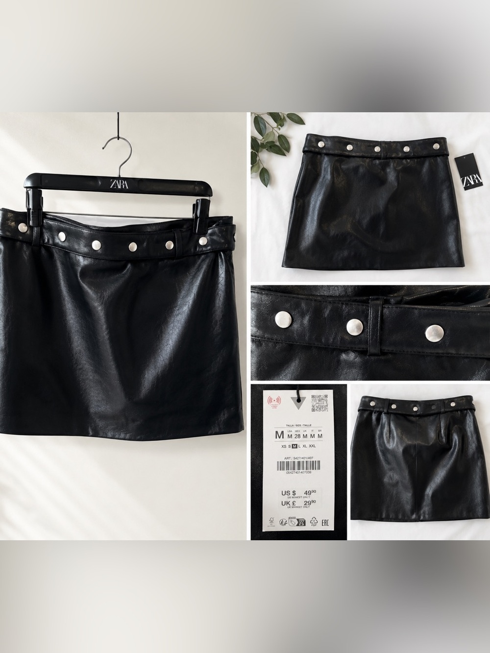 Zara NWT Faux Leather Studded Mini Skirt Black Size M Belted Y2K
